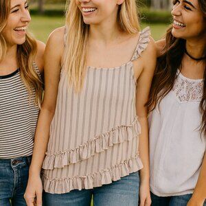 RO & DE Pale Rose Navy Stripe Ruffle Asymmetrical Sleeveless‎ Top Large NEW